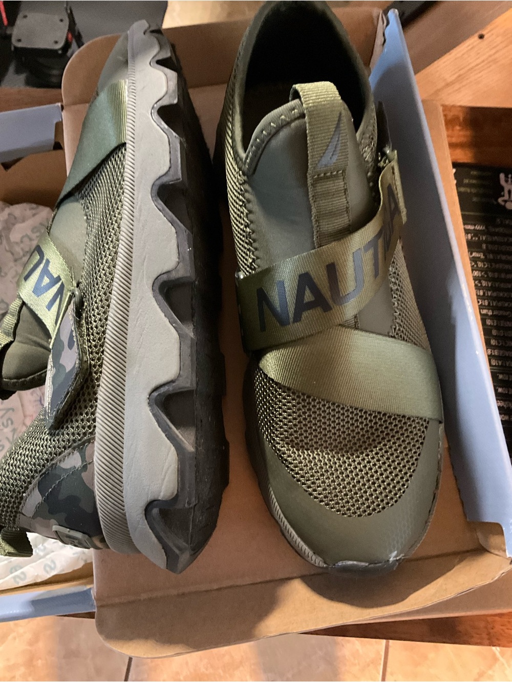 Nautica Kids Olive Green Mesh Slip-On Sneakers with Camouflage Accent